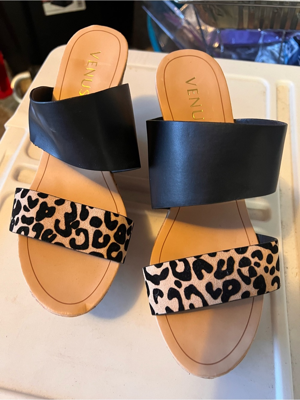 VENUS Black & Leopard Slide Sandals